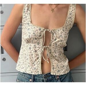 Floral Tie-Front Square Neck Tank Top - Cream